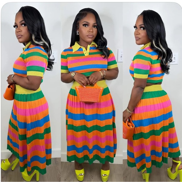 Women’s Colorful Rainbow Striped Cropped Shirt & Pleated Maxi Skirt Set Sz Large - Picture 12 of 12